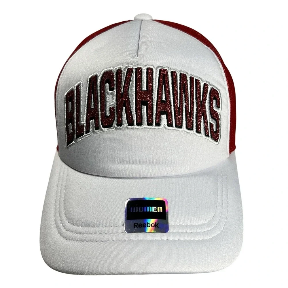 Reebok Chicago Blackhawks Women Trucker Hat White Red‎ Glitter NHL Snapback Cap